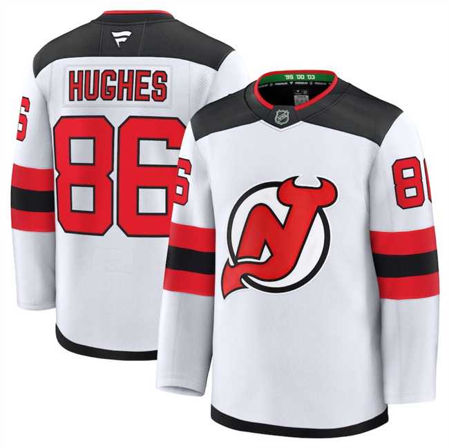 Mens New Jersey Devils #86 Hughes Fanatics White 2024-25 Away Stitched Hockey Jersey Dzhi->new jersey devils->NHL Jersey
